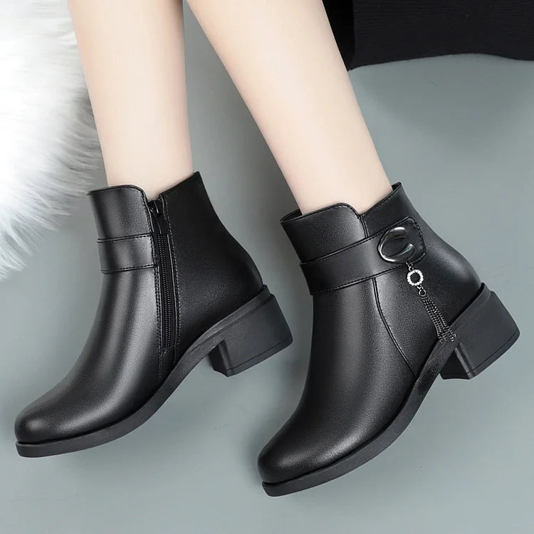 Women's Genuine Leather Metal Buckle Velvet Boots