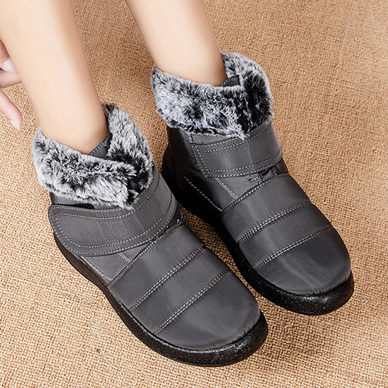 Women's waterproof boots made of looped rabbit fur