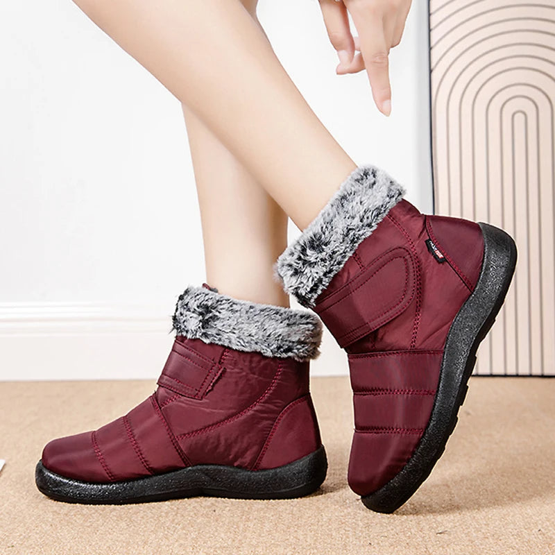 Women's waterproof boots made of looped rabbit fur