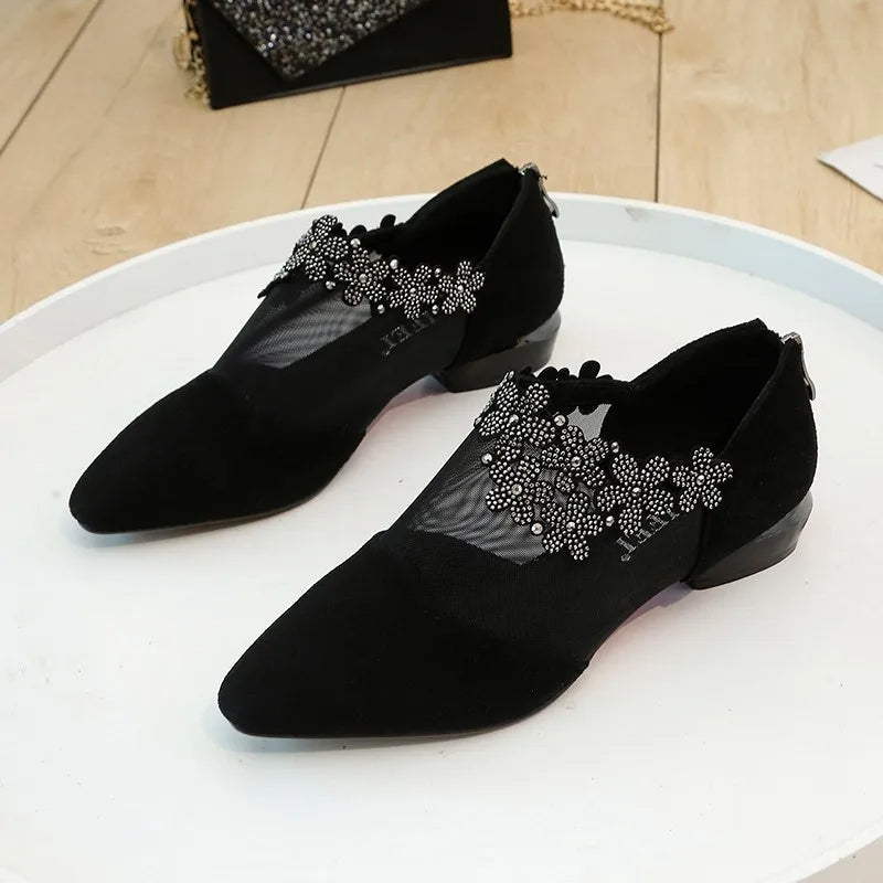 Rhinestone Flower Low Heel Mesh (Plus Size)