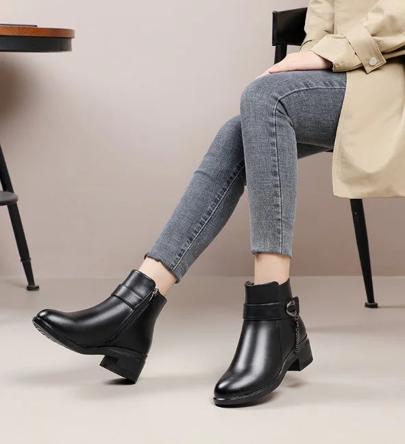 Women's Genuine Leather Metal Buckle Velvet Boots