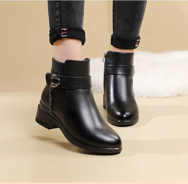 Women's Genuine Leather Metal Buckle Velvet Boots