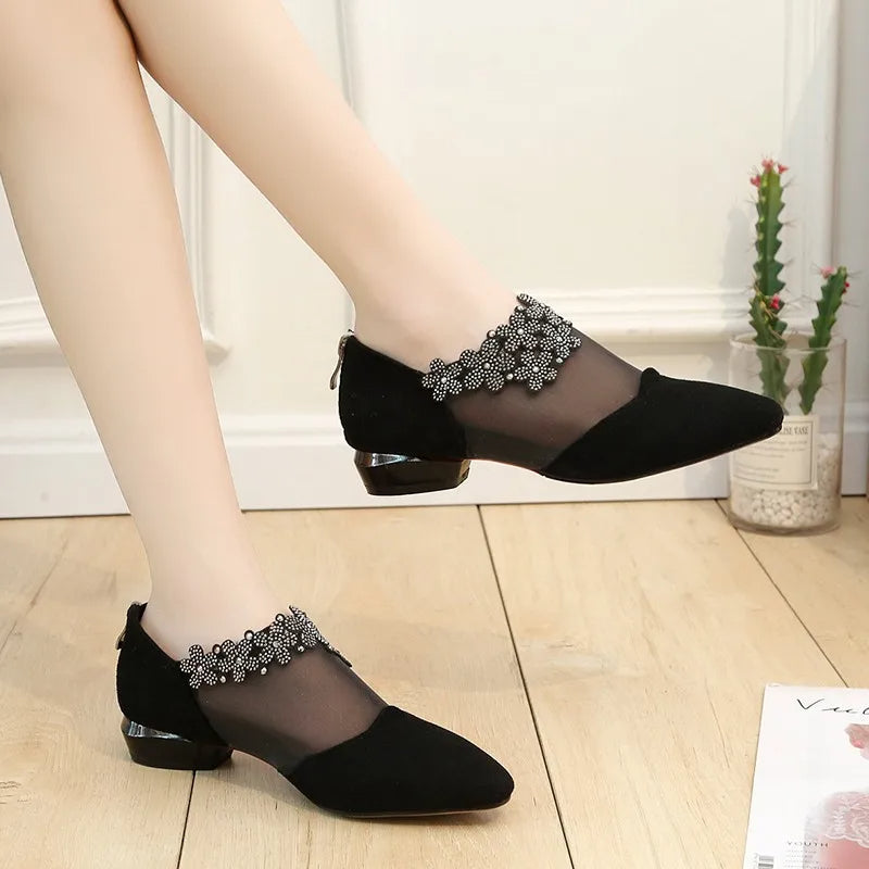 Rhinestone Flower Low Heel Mesh (Plus Size)