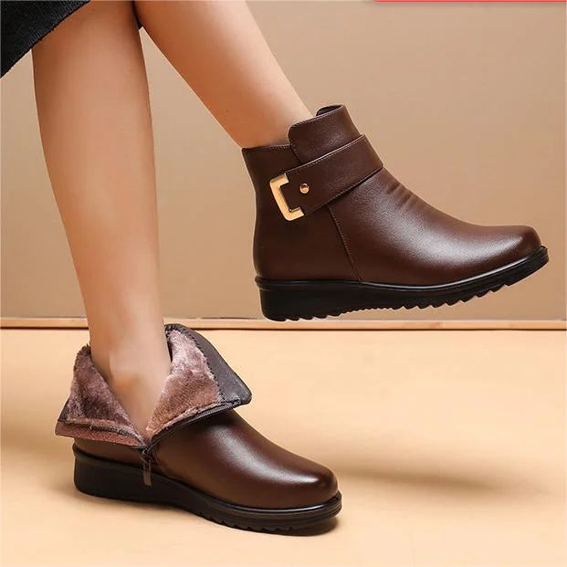 Genuine Leather Metal Buckle Velvet Boots