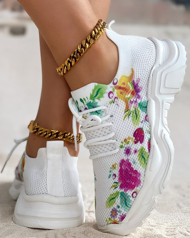 Floral Print Lace-up Breathable Orthopedic Sneakers