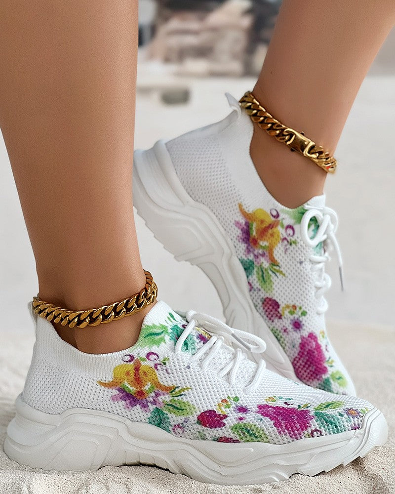 Floral Print Lace-up Breathable Orthopedic Sneakers