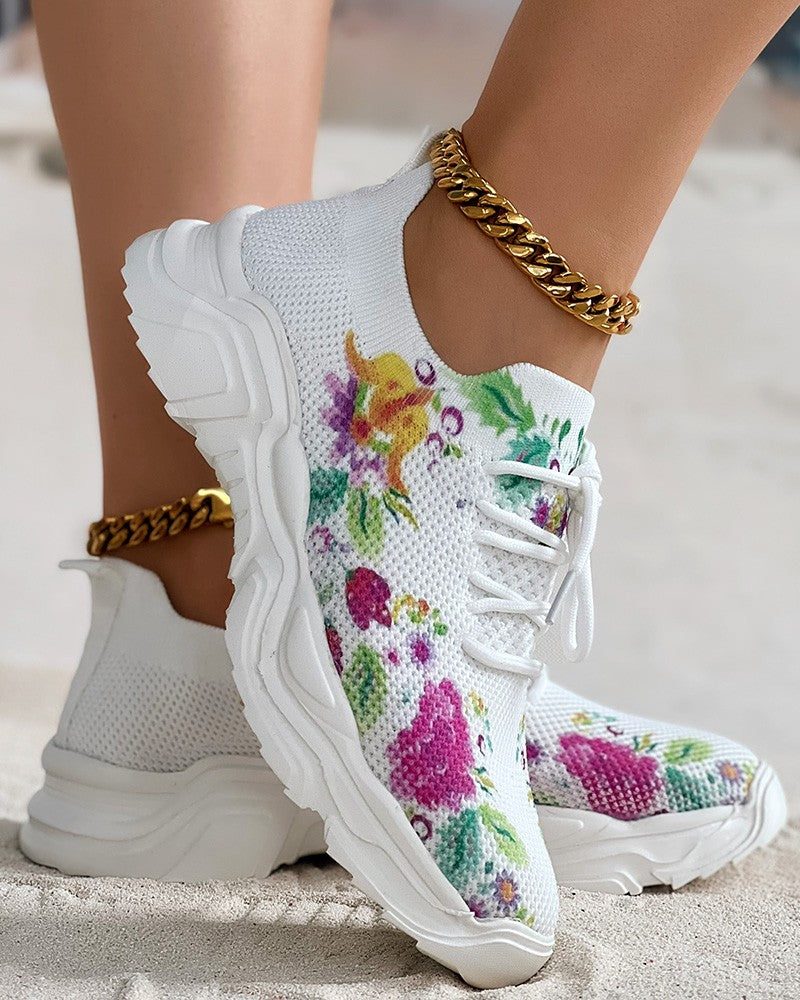 Floral Print Lace-up Breathable Orthopedic Sneakers