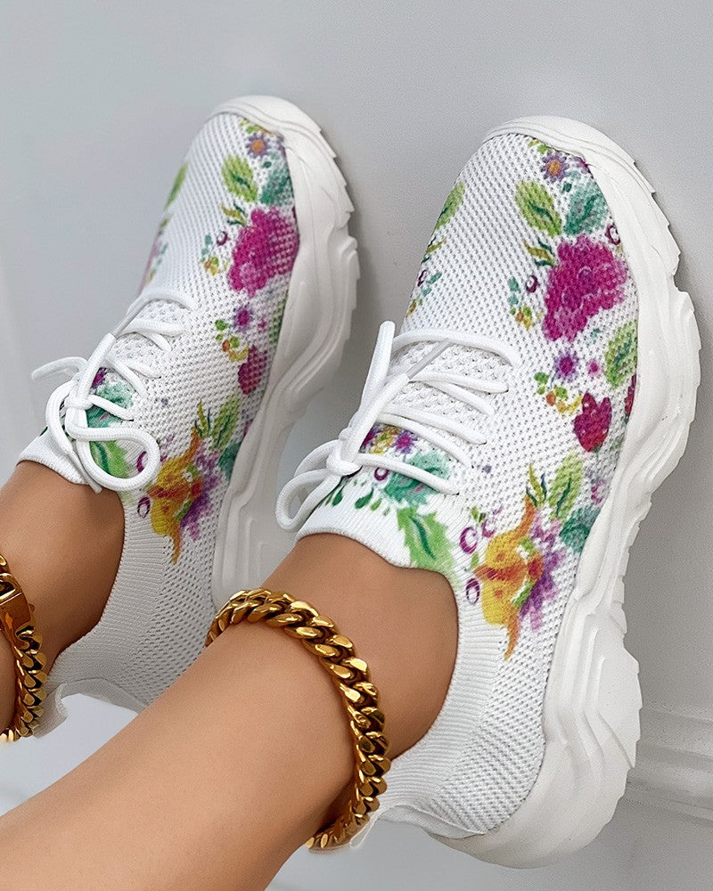 Floral Print Lace-up Breathable Orthopedic Sneakers