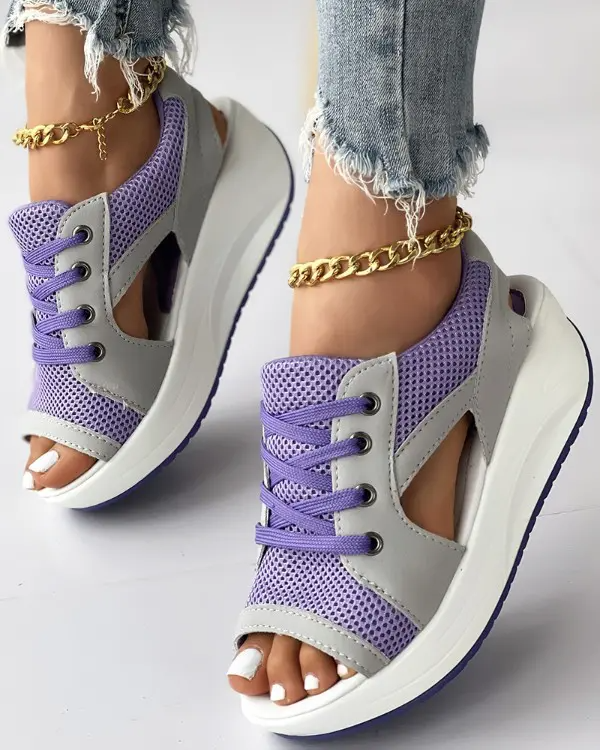 Contrast paneled cutout lace-up muffin sandals