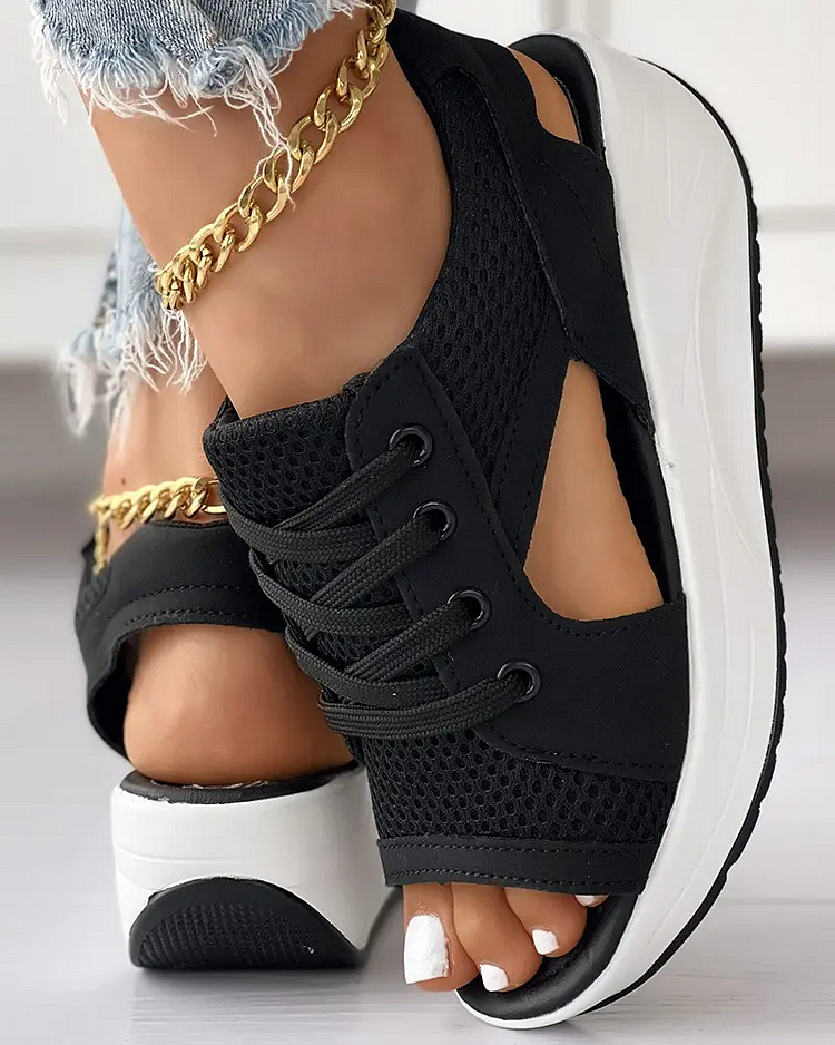 Contrast paneled cutout lace-up muffin sandals